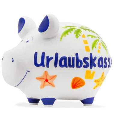 Spardose Schwein (klein) 101729 , "Palmen/Seestern/Schriftzug Urlaubskasse"