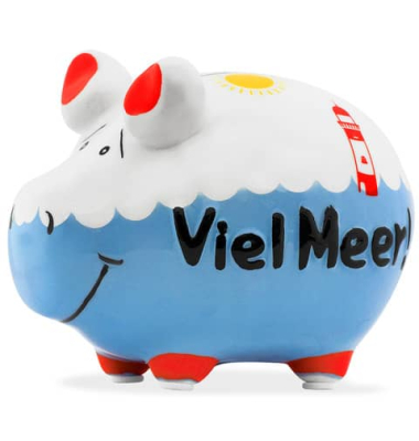 Spardose Schwein (klein) 101730 , "Meer/Leuchturm/Sonne/Schriftzug Viel Meer!"