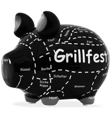Spardose Schwein (mittel) 101752 , "Markierung Fleischteile Schwein/Schriftzug Grillfest"