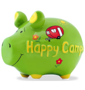 Spardose Schwein (klein) 101760 , "Camper, Blumen, Sonne und Schriftzug"