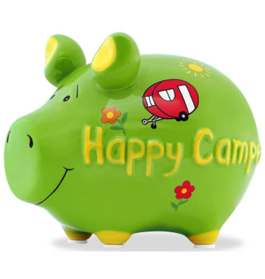 Spardose Schwein (klein) 101760 , "Camper, Blumen, Sonne und Schriftzug Happy Camper"