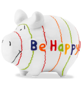 Spardose Schwein (klein) 101769 , "bunte Linien/Schriftzug Be Happy!"