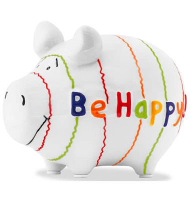 Spardose Schwein (klein) 101769 , "bunte Linien/Schriftzug Be Happy!"