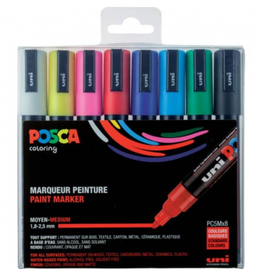 Acrylstift UNI POSCA, 182512, Pack, 8-farbig sortiert, 1,8-2,5mm Rundspitze