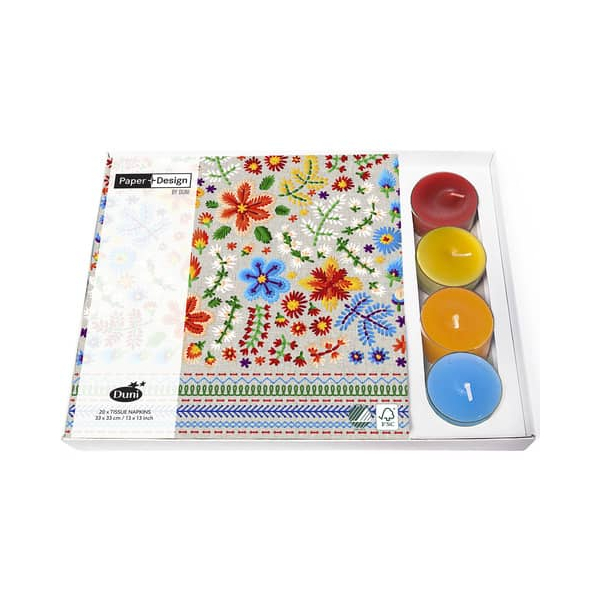 7321011923106 - Kombibox Servietten mit Teelichtern Embroidery - 33 x 33 cm 4 Teelichter 7321011923106 PAPER+DESIGN 20 Stück 7321011923106 - Kombibox Servietten mit Teelichtern Embroidery - 33 x 33 cm 4 Teelichter 7321011923106 PAPER+DESIGN 20 Stück