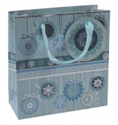 Geschenktasche 41443, Weihnachten, Schleifenband mit Anhänger, Eiskristalle, 15cm x 14,5cm