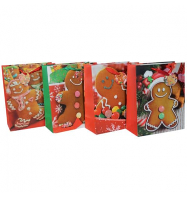 Geschenktasche 41841 Lebkuchen, Weihnachten,  matt laminiert, mit Glitter, Schleifenband mit Anhänger, Lebkuchen, 26cm x 32cm