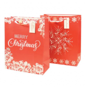 Geschenktasche 45245, Weihnachten, Schleifenband mit Anhänger, Schneeflocke oder Merry Christmas sortiert, 26cm x 32cm