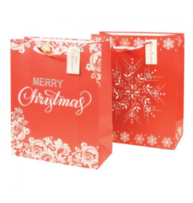 Geschenktasche 45245, Weihnachten, Schleifenband mit Anhänger, Schneeflocke oder Merry Christmas sortiert, 26cm x 32cm