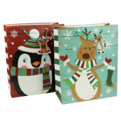Geschenktasche 45281, Weihnachten, Tragekordel mit Anhänger, 2 Motive sortiert,Pinguin und Rentier, 26cm x 32cm