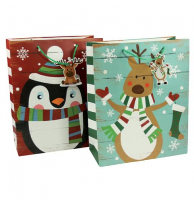 Geschenktasche 45281, Weihnachten, Tragekordel mit Anhänger, 2 Motive sortiert,Pinguin und Rentier, 26cm x 32cm