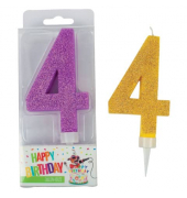 Geburtstagskerze Maxi Glitter 942029 Zahl 4 farbig sortiert 7x2,7x17cm (BxTxH) ca. 7 Minuten Brenndauer