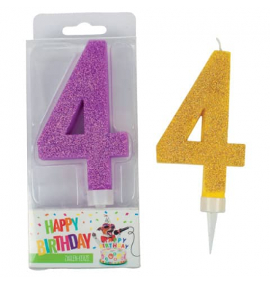 Geburtstagskerze Maxi Glitter 942029 Zahl 4 farbig sortiert 7x2,7x17cm (BxTxH) ca. 7 Minuten Brenndauer