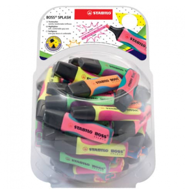 Textmarker STABILO BOSS SPLASH Bonbonglas, 75/60-1, Display, 4-farbig sortiert, 2-5mm Keilspitze
