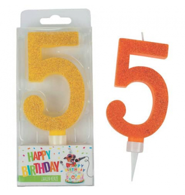 Geburtstagskerze Maxi Glitter 942036 Zahl 5 farbig sortiert 7x2,7x17cm (BxTxH) ca. 7 Minuten Brenndauer