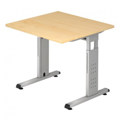 Schreibtisch, manuell höhenverstellbar, 65-85cm (H), 80x80cm (BxT), quadratisch, ahorn / silber