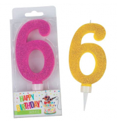 Geburtstagskerze Maxi Glitter 942043 Zahl 6 farbig sortiert 7x2,7x17cm (BxTxH) ca. 7 Minuten Brenndauer