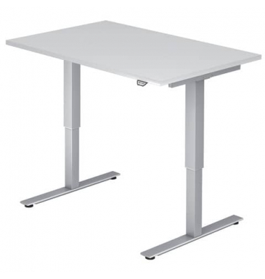Schreibtisch, elektrisch höhenverstellbar, 73-119cm (H), 120x80cm (BxT), weiß / silber Schreibtisch, elektrisch höhenverstellbar, 73-119cm (H), 120x80cm (BxT), weiß / silber