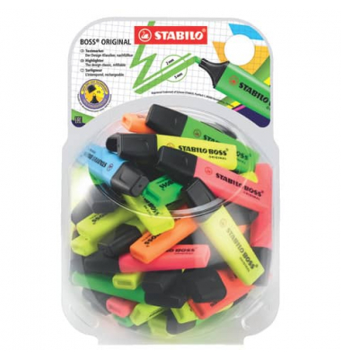 Textmarker STABILO BOSS ORIGINAL Bonbonglas, 70/60-1, Display, 6-farbig sortiert, 2-5mm Keilspitze