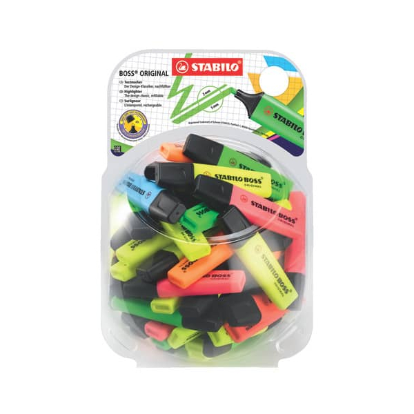 60 Stück Stabilo Textmarker STABILO BOSS ORIGINAL Bonbonglas, 70/60-1, Display, je5x blau/rot/je8x orange/pink/10x grün/24x gelb, 2-5mm Keilspitz