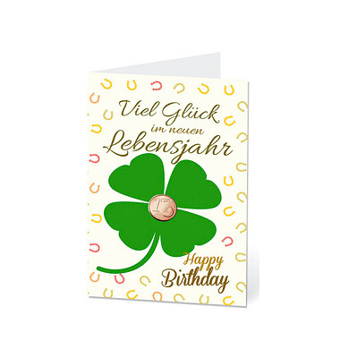 Geburtstagskarten Kleeblatt mit Glückscent LUAPPL01 11,5cm x 17,5cm (BxH) 260g Motiv Chromopapier FSC