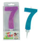 Geburtstagskerze Maxi Glitter 942050 Zahl 7 farbig sortiert 7x2,7x17cm (BxTxH) ca. 7 Minuten Brenndauer