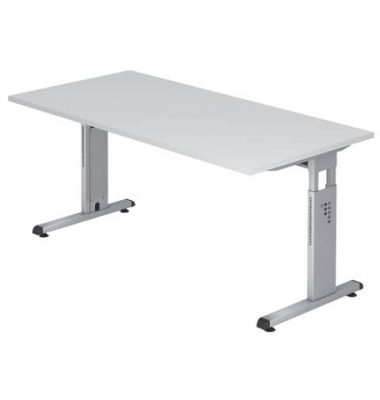 Schreibtisch, manuell höhenverstellbar, 65-85cm (H), 160x80cm (BxT), rechteckig, weiß / silber