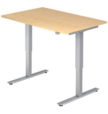 Schreibtisch, elektrisch höhenverstellbar, 73-119cm (H), 120x80cm (BxT), ahorn / silber Schreibtisch, elektrisch höhenverstellbar, 73-119cm (H), 120x80cm (BxT), ahorn / silber