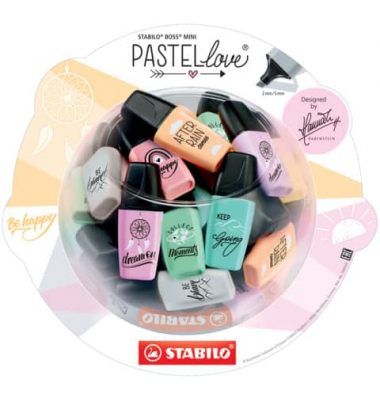 Textmarker STABILO BOSS MINI Bonbonglas, 07/50-09, Rundbox, 6-farbig sortiert, 2-5mm Keilspitze