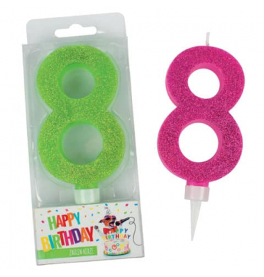Geburtstagskerze Maxi Glitter 942067 Zahl 8 farbig sortiert 7x2,7x17cm (BxTxH) ca. 7 Minuten Brenndauer