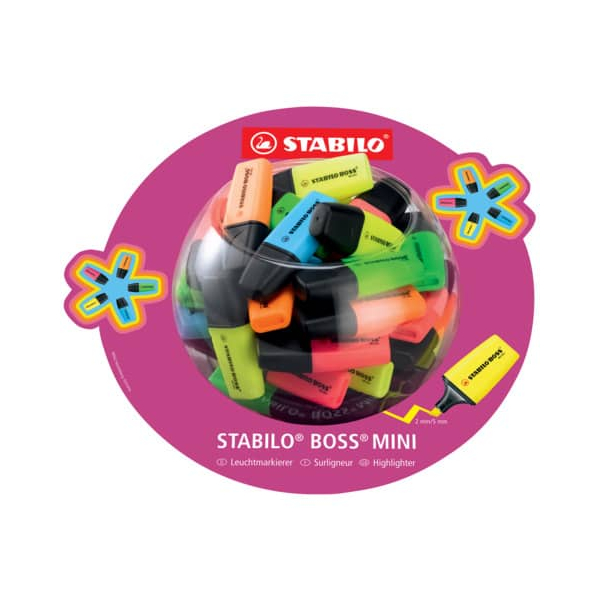 50 Stück Stabilo Textmarker STABILO BOSS MINI Bonbonglas, 07/50-1, Rundbox, 5-farbig sortiert, 2-5mm Keilspitze 4006381421607 Stabilo