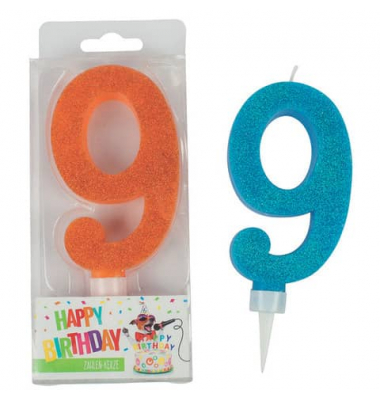 Geburtstagskerze Maxi Glitter 942074 Zahl 9 farbig sortiert 7x2,7x17cm (BxTxH) ca. 7 Minuten Brenndauer