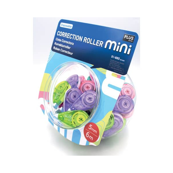 50 Stück PLUS JAPAN Korrekturroller 51660 Mini, farbig sortiert, 4,2mm x 6m, Einweg, in Candybox 4977564708856 PLUS JAPAN