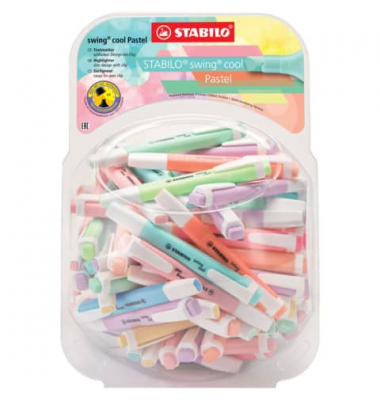Textmarker STABILO swing cool Pastel Bonbonglas, 275/100-8-1, Rundbox, 10-farbig sortiert, 1-4mm Keilspitze