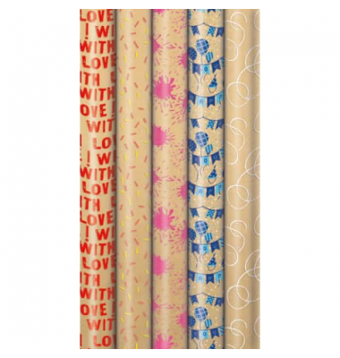 Geschenkpapier Eco Fun beflockt 33052 131115, sortiert (5 Motive), 70cm x 1,5m, farbig sortiert (braun)