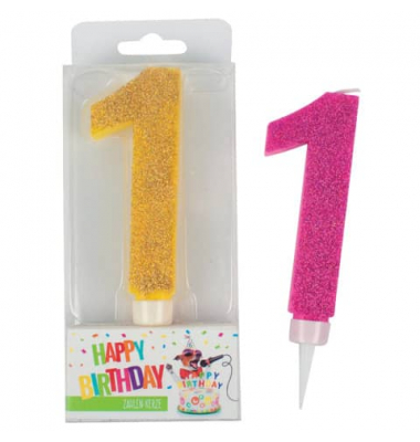 Geburtstagskerze Maxi Glitter 942005 Zahl 1 farbig sortiert 7x2,7x17cm (BxTxH) ca. 7 Minuten Brenndauer