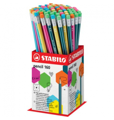 Bleistift STABILO pencil 160 Kleindisplay, 2160/72-1HB, H&auml;rte HB, 2,2mm, pink,blau,orange,gelb,petrol, mit Radiergummi