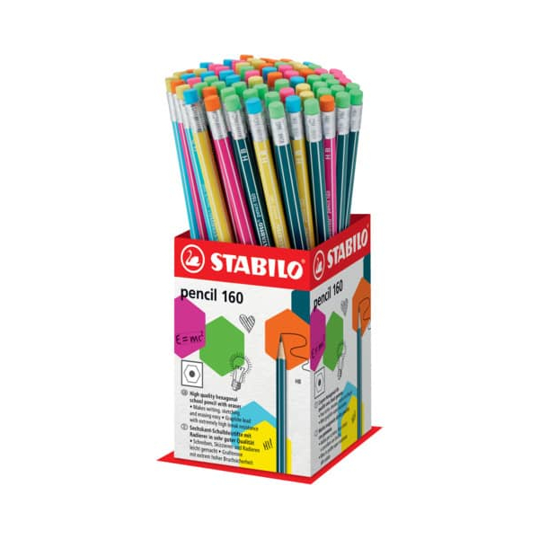 72 Stück Stabilo Bleistift STABILO pencil 160 Kleindisplay, 2160/72-1HB, Härte HB, 2,2mm, pink,blau,orange,gelb,petrol, mit Radiergummi 400638150