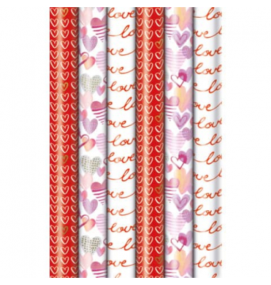 Geschenkpapier 33073 2A2243, Herzen und Schriftzug love, 70cm x 2m, rot/weiß