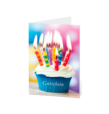 Gutscheinkarte Muffins mit Innentext AM520 11,5cm x 17,5cm (BxH) 260g Mit Innentext "im Wert von...in Worten...laufende Nr....De