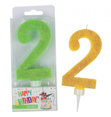 Geburtstagskerze Maxi Glitter 941909 Zahl 2 farbig sortiert 7x2,7x17cm (BxTxH) ca. 7 Minuten Brenndauer
