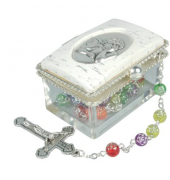 Rosenkranzset - Dose mit Kunsstoffperlen, bunt, ca. 46 cm