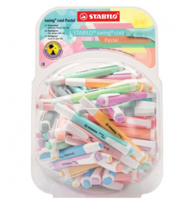 Textmarker STABILO swing cool Pastel Bonbonglas, 275/100-8-2, Rundbox, 14-farbig sortiert, 1-4mm Keilspitze