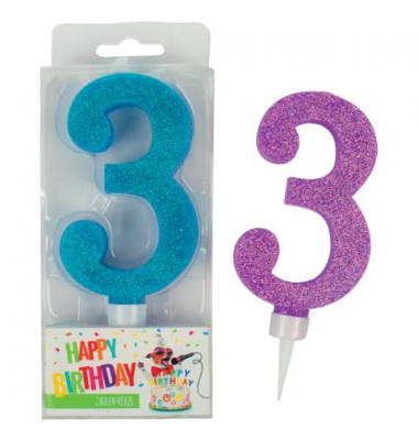 Geburtstagskerze Maxi Glitter 942012 Zahl 3 farbig sortiert ca. 7 Minuten Brenndauer