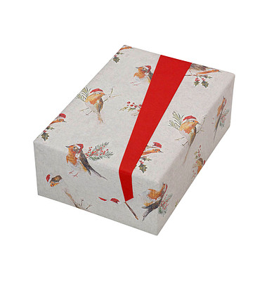 Geschenkpapier Robin 511750, Vogel mit Weihnachtsmütze, 50cm x 20m, beige/rot