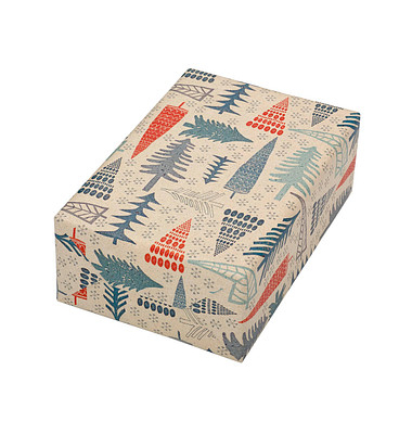 Geschenkpapier Oslo 512520, Tannenbäume, 50cm x 20m, beige/rot/blau