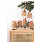 Adventskalender 9385 Hygge Dorf H&auml;uschen in natur mit wei&szlig;en Konturen bemalt