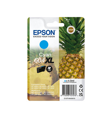 Druckerpatrone 604XL/T10H24 C13T10H24010 (kompatibel zu Epson 604XL), cyan, ca. 350 Seiten