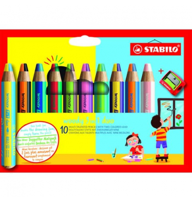 Buntstifte-Set STABILO woody 3 in 1, 882/10-2, 10x 2-farbig sortiert, rund, jumbo, Packung