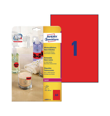 Etiketten L6005-25, neonrot, 210x297mm, rechteckig